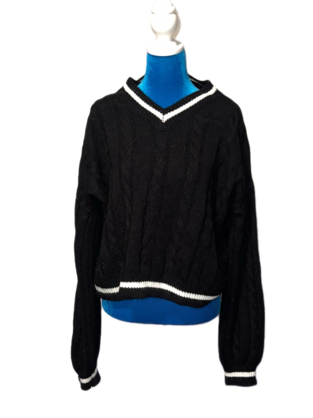 Black V-Neck Cable Knit Sweater with White Trim